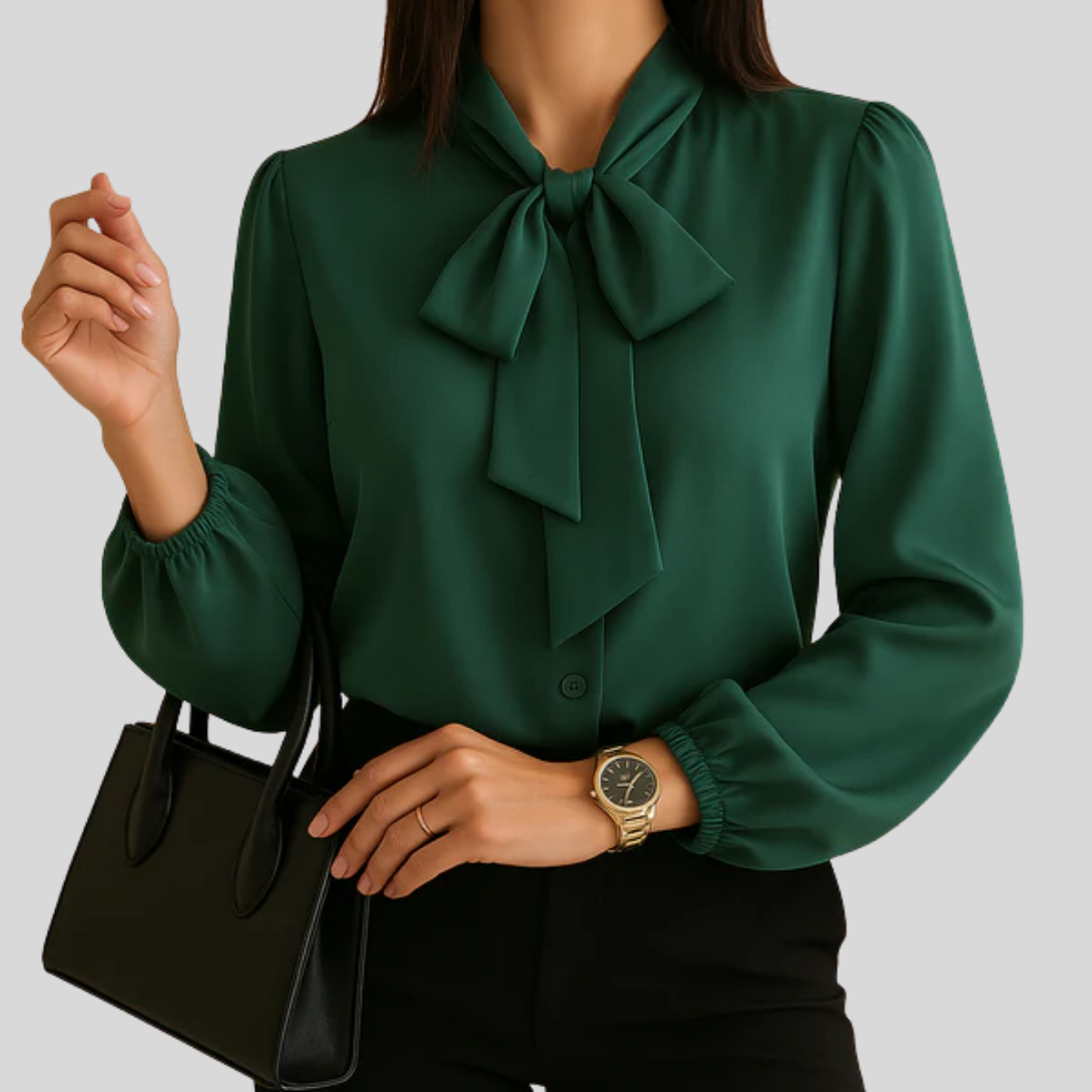 Camille Moreau | Elegant Tie-Neck Blouse with Satin Finish For Women