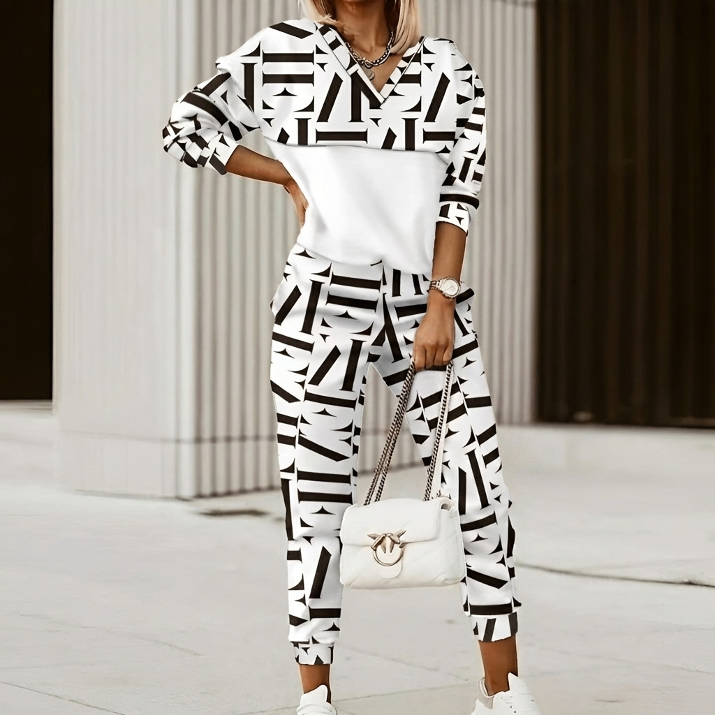 Élodie Laurent | Printed Two-Piece Lounge Set with Chic Statement Pattern For Women