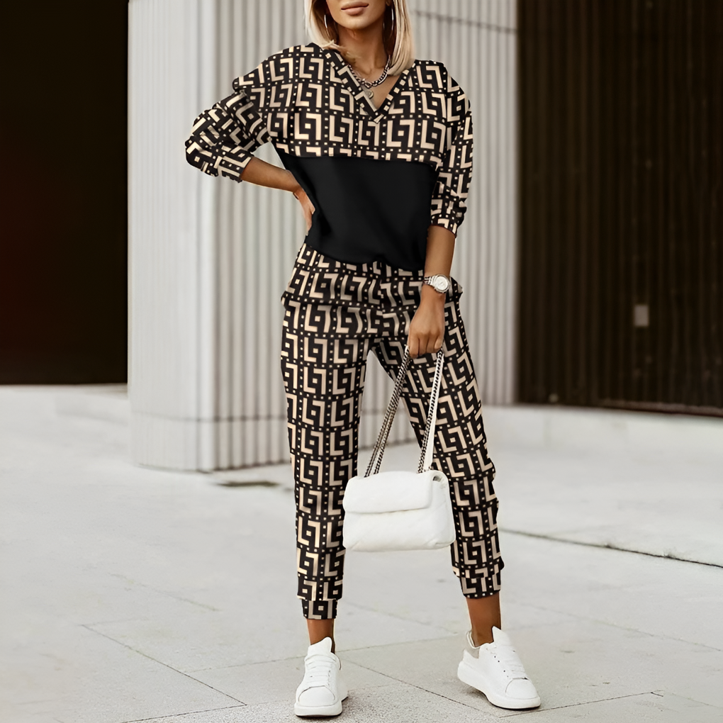 Élodie Laurent | Printed Two-Piece Lounge Set with Chic Statement Pattern For Women