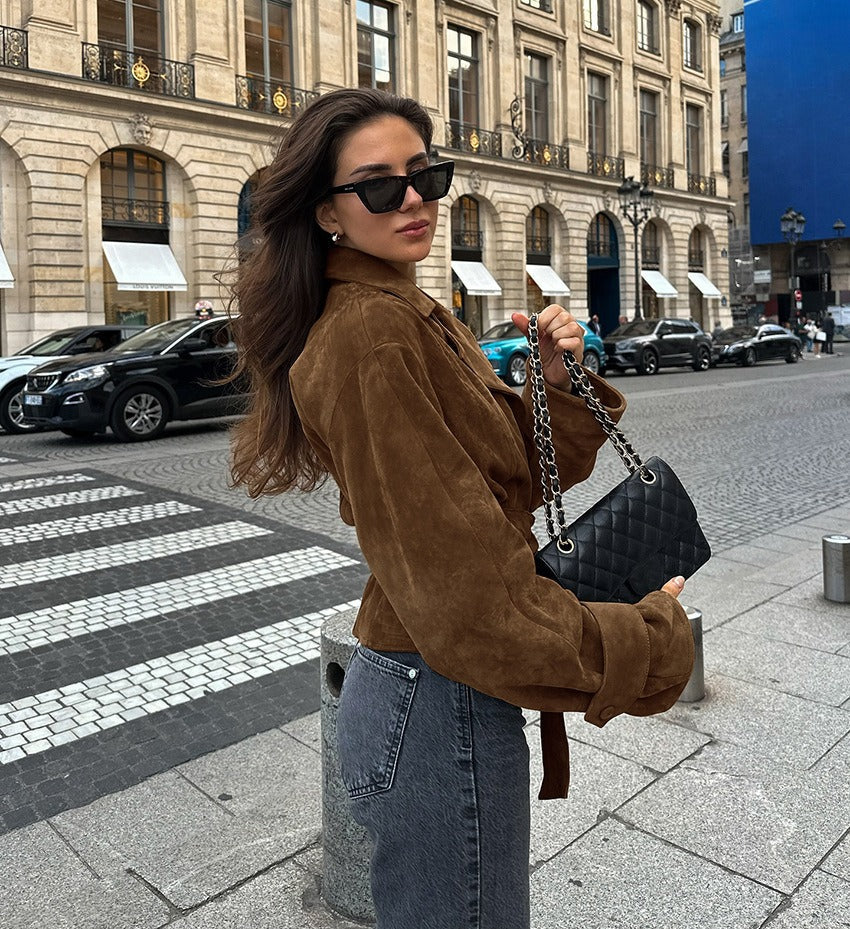 Chloé Moreau | Cropped Suede-Look Trench Jacket with Sculpted Waist For Women