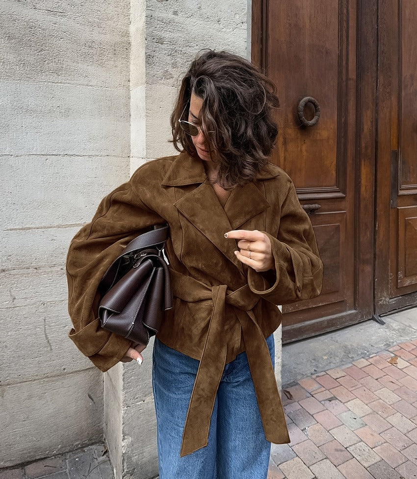 Chloé Moreau | Cropped Suede-Look Trench Jacket with Sculpted Waist For Women