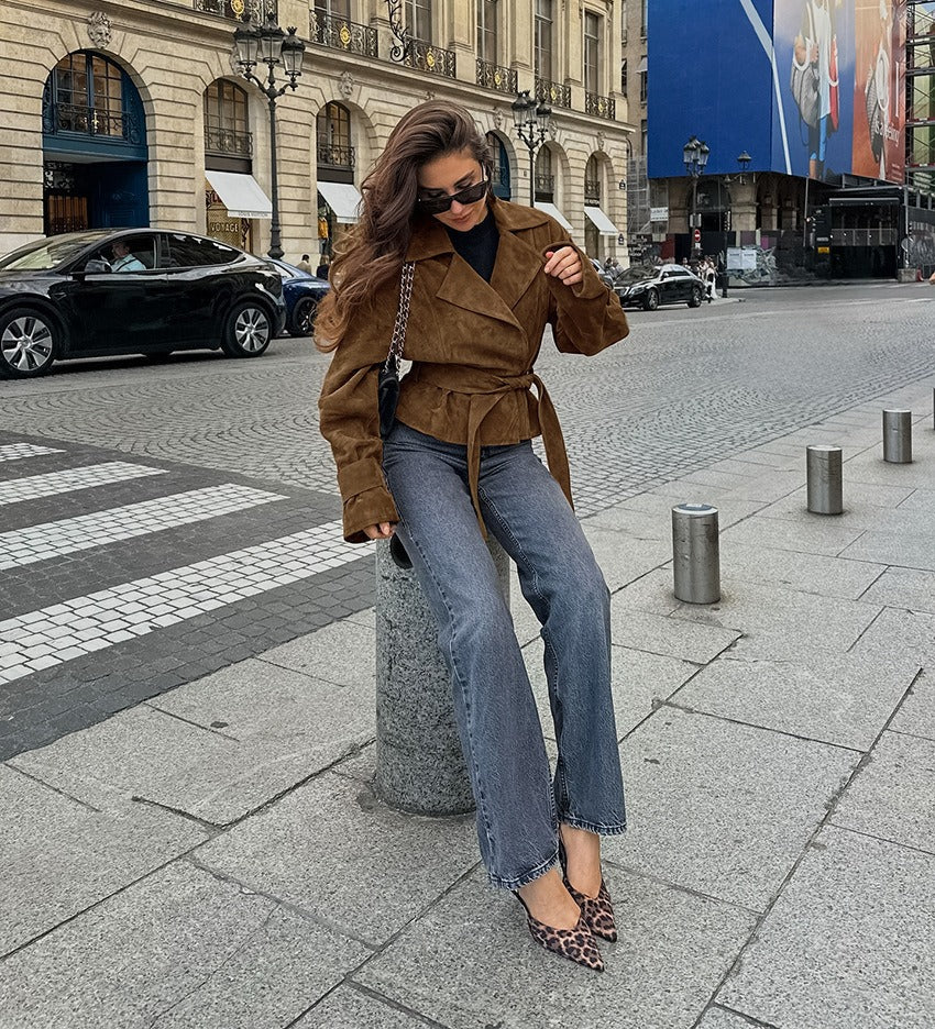 Chloé Moreau | Cropped Suede-Look Trench Jacket with Sculpted Waist For Women