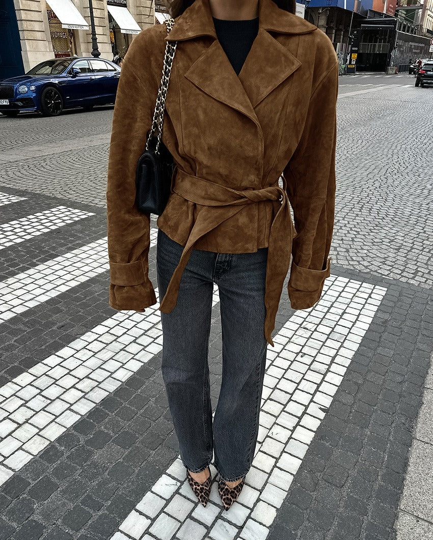 Chloé Moreau | Cropped Suede-Look Trench Jacket with Sculpted Waist For Women