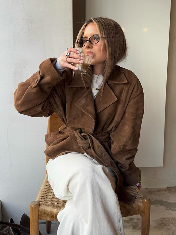 Chloé Moreau | Cropped Suede-Look Trench Jacket with Sculpted Waist For Women