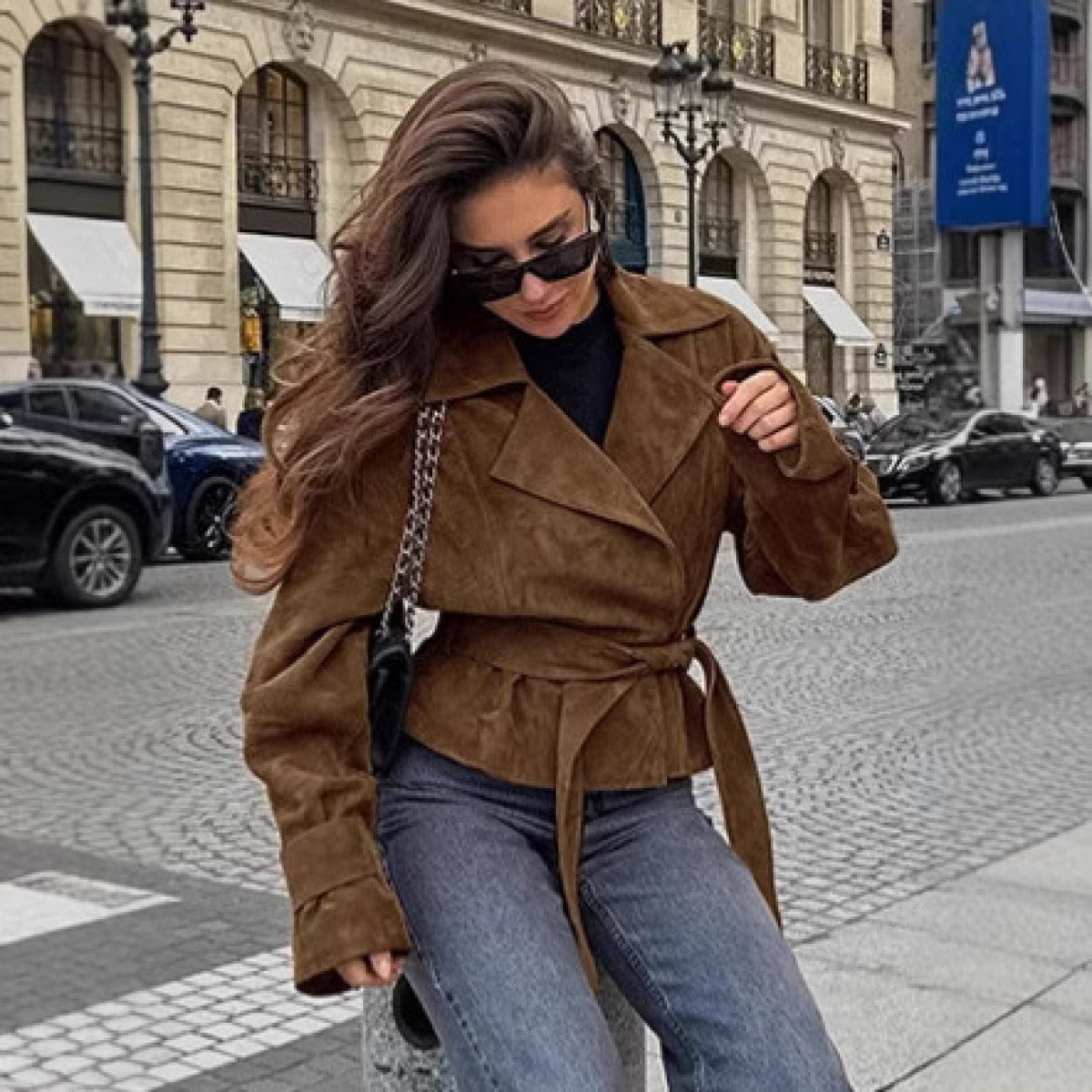 Chloé Moreau | Cropped Suede-Look Trench Jacket with Sculpted Waist For Women