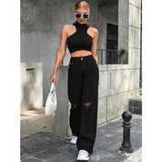 Camille Rousseau | Washed Black Wide Leg Ripped Jeans For Women