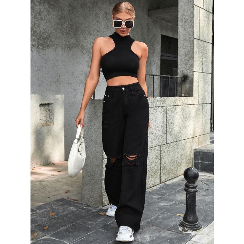 Camille Rousseau | Washed Black Wide Leg Ripped Jeans For Women