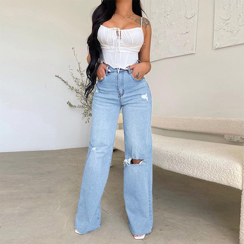 Alessia Moreau | Distressed Wide Leg Denim Jeans For Women