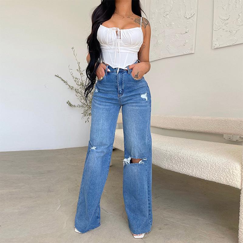 Alessia Moreau | Distressed Wide Leg Denim Jeans For Women