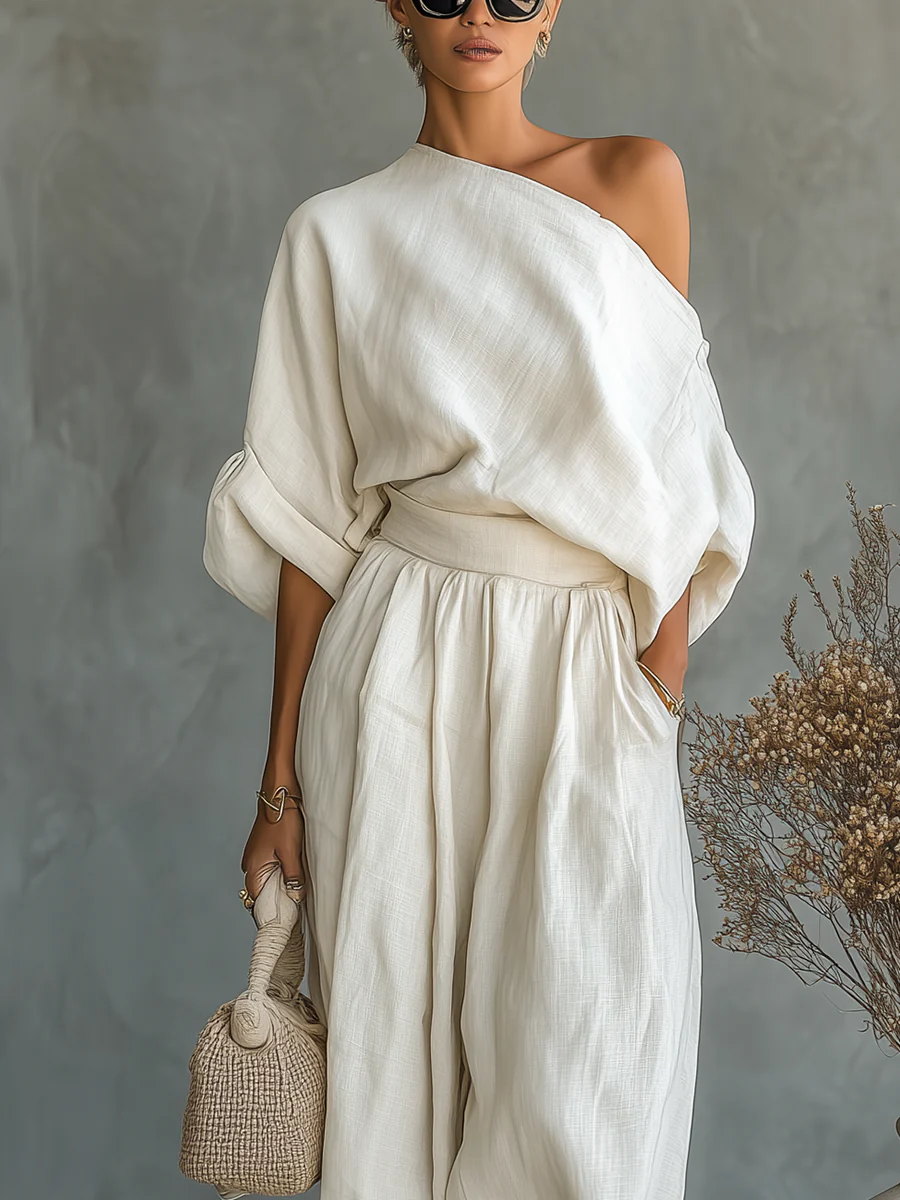 Lauren Fitzsimmons | Linen Off-Shoulder Top And Tapered Pants Set For Women