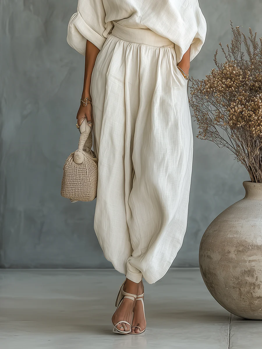 Lauren Fitzsimmons | Linen Off-Shoulder Top And Tapered Pants Set For Women