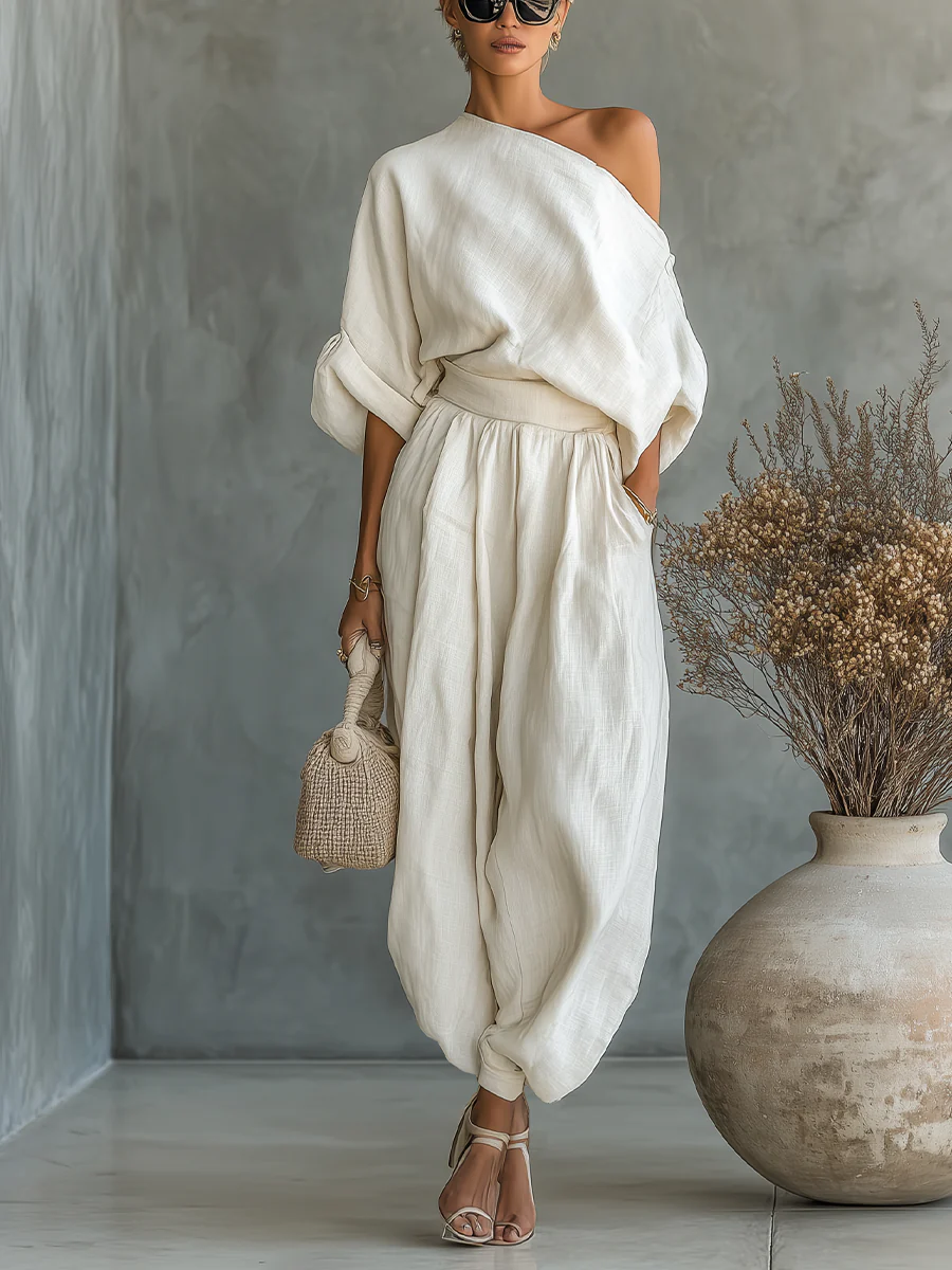 Lauren Fitzsimmons | Linen Off-Shoulder Top And Tapered Pants Set For Women