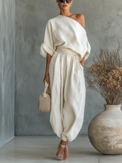 Lauren Fitzsimmons | Linen Off-Shoulder Top And Tapered Pants Set For Women
