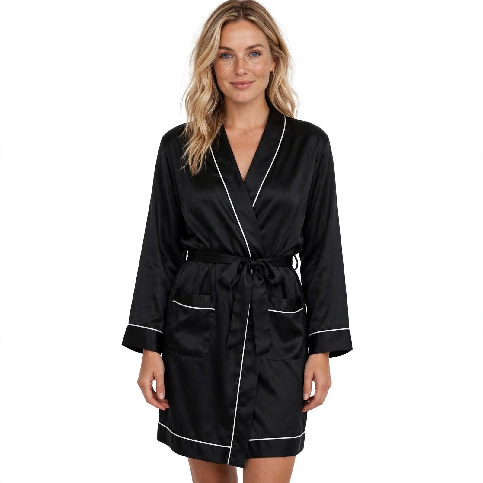 Franca Bramcroft | Satin Wrap Robe with Piped Trim For Women