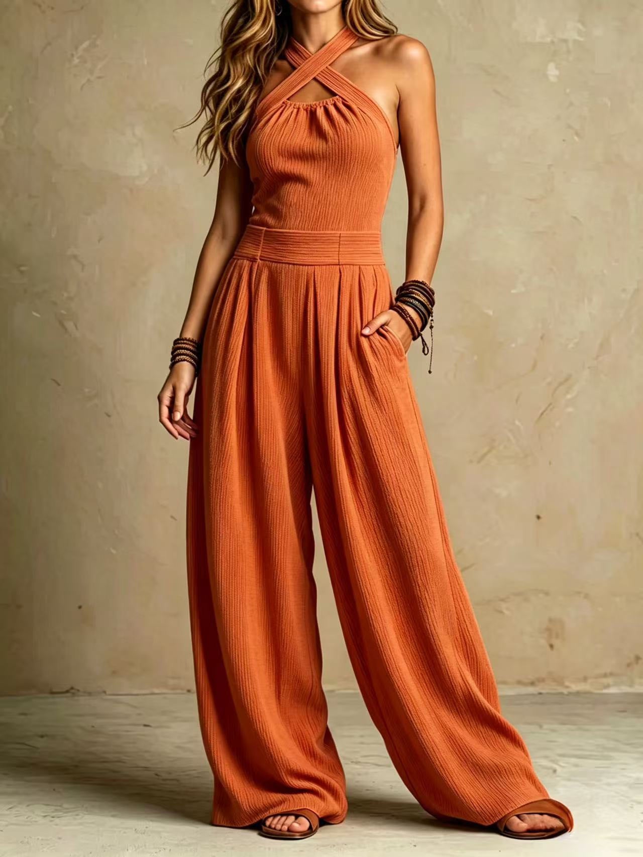Cecilia Kelcombe | Charcoal Cross Halter Wide-Leg Jumpsuit For Women