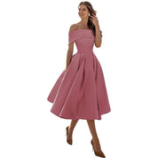 Phoebe Walker | Off-Shoulder Tea Length Satin Dress For Women