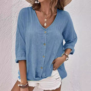Raissa Loxstone | V-Neck Button Front Linen-Look Blouse For Women