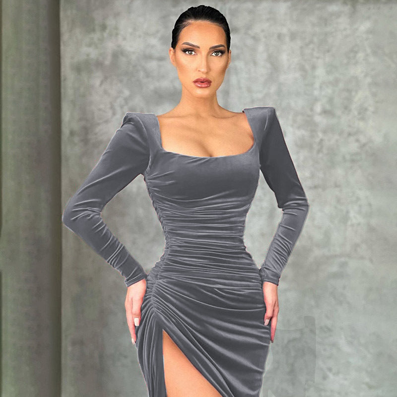 Gwyneth Edgcombe | Black Velvet Square Neck Formal Dress For Women