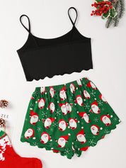 Winter Berry | Black Cami Green Santa Christmas Pyjamas For Women