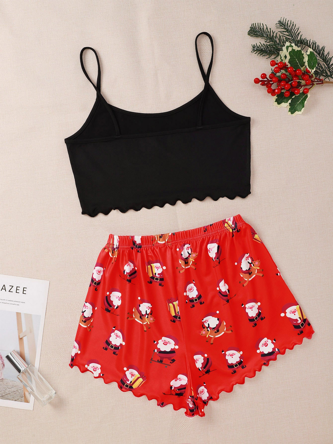 Winter Berry | Black Cami Green Santa Christmas Pyjamas For Women