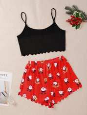 Winter Berry | Black Cami Green Santa Christmas Pyjamas For Women