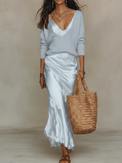Harper Collins | Satin Maxi Skirt & Knit Sweater Set For Women