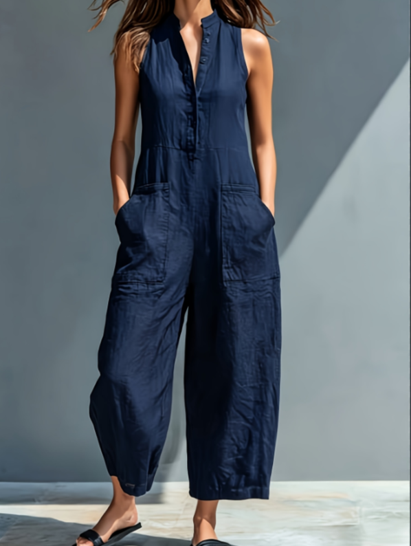 Fabiola Oakham | Linen-Look Stand Collar Jumpsuit For Women