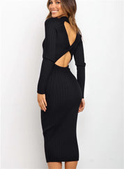 Kerenza Wickcombe | Black Ribbed Knit Backless Midi Dress For Women