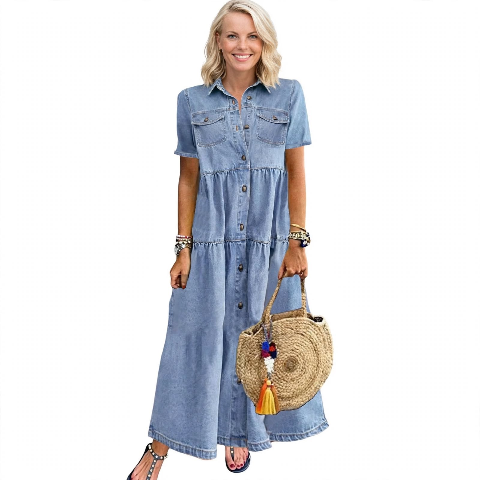 Sveva Walworth | Tiered Denim Maxi Shirt Dress For Women