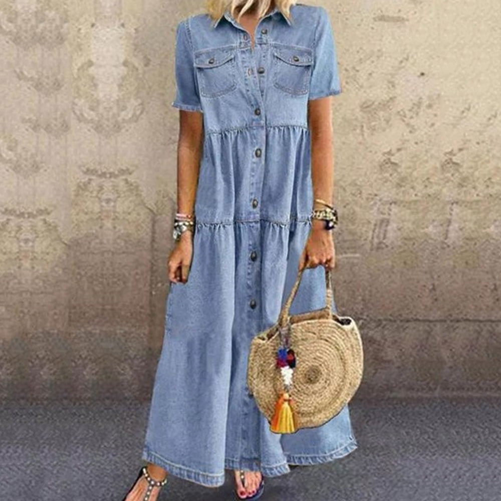 Sveva Walworth | Tiered Denim Maxi Shirt Dress For Women