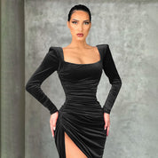 Gwyneth Edgcombe | Black Velvet Square Neck Formal Dress For Women