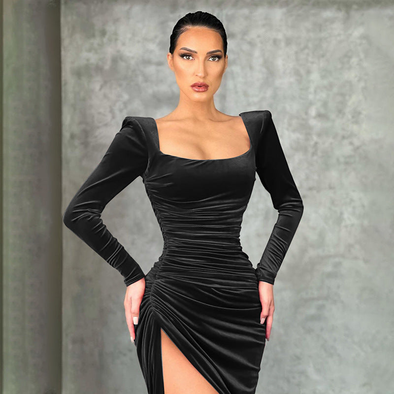 Gwyneth Edgcombe | Black Velvet Square Neck Formal Dress For Women