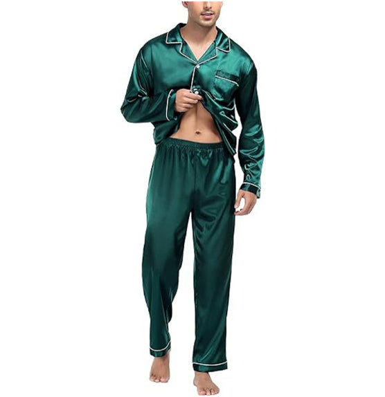 Tommaso Belcombe | Satin-Look Piped Long Sleeve Pyjama Set For Men