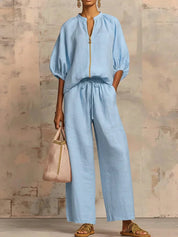 Ada Halshaw | Black Zip Blouse and Wide Leg Pants Set For Women