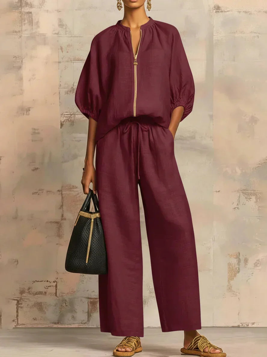 Ada Halshaw | Black Zip Blouse and Wide Leg Pants Set For Women