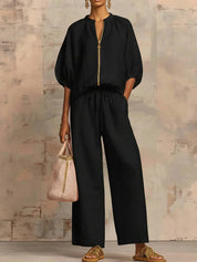 Ada Halshaw | Black Zip Blouse and Wide Leg Pants Set For Women