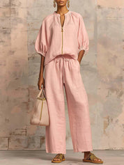 Ada Halshaw | Black Zip Blouse and Wide Leg Pants Set For Women