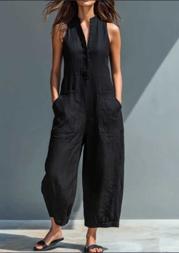 Fabiola Oakham | Linen-Look Stand Collar Jumpsuit For Women