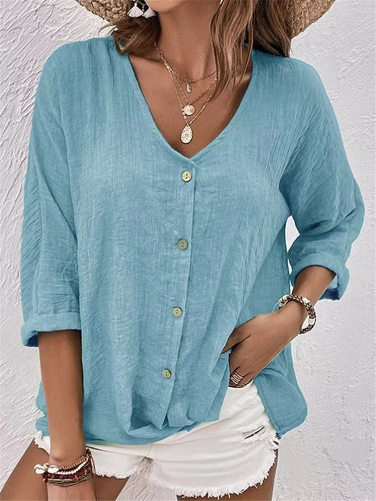 Raissa Loxstone | V-Neck Button Front Linen-Look Blouse For Women