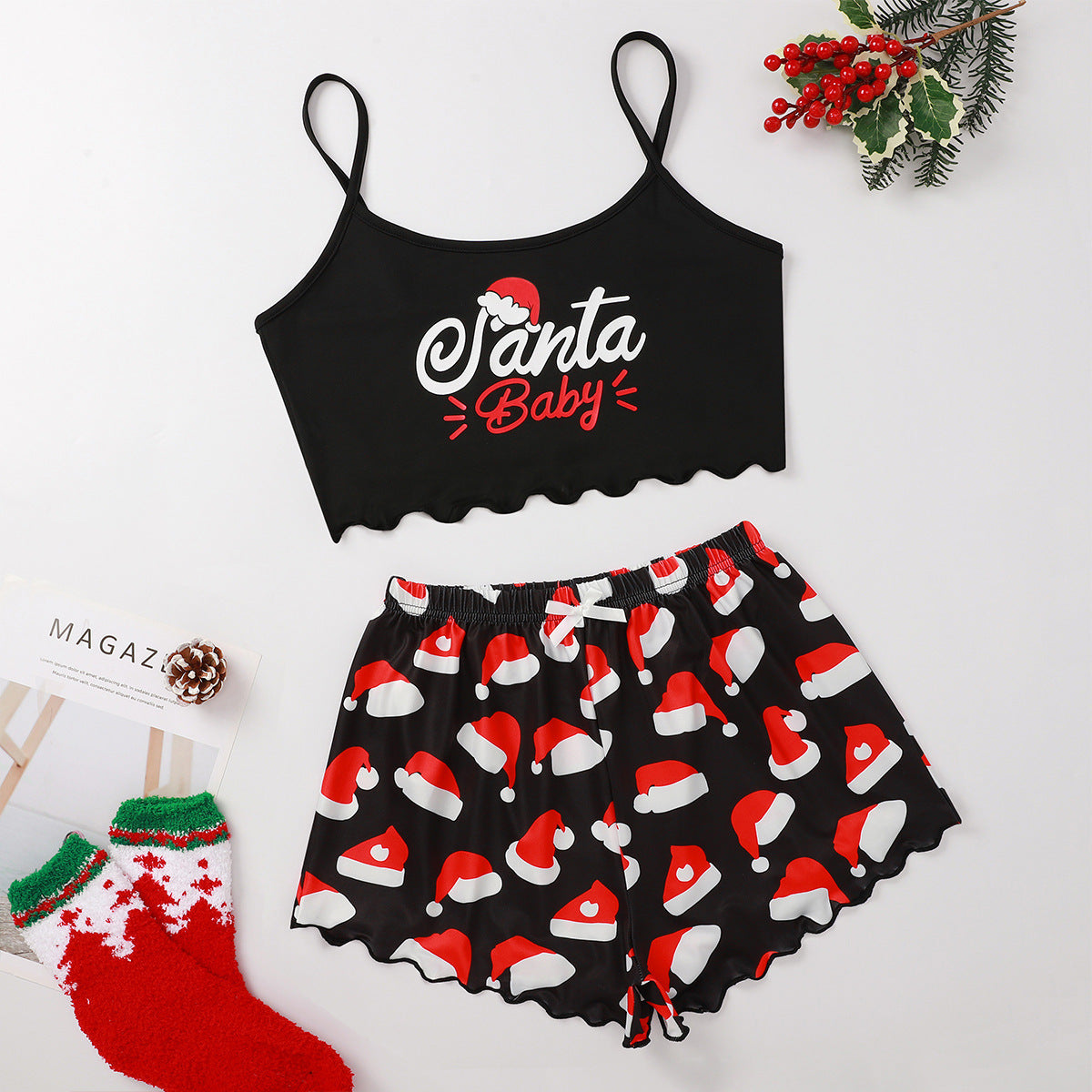 Snow Angel | Black Santa Baby Print Christmas Pyjamas For Women