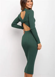 Kerenza Wickcombe | Black Ribbed Knit Backless Midi Dress For Women