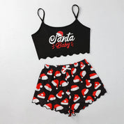 Mistletoe Kiss | Black Santa Hat Print Christmas Pyjamas For Women