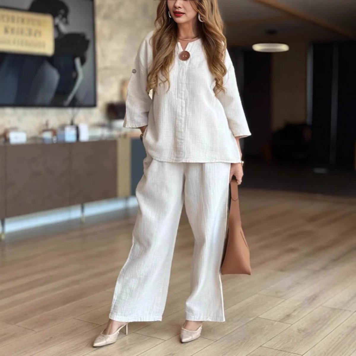 Phoebe Collins | Linen Tunic & Wide Leg Palazzo Pants Set For Women