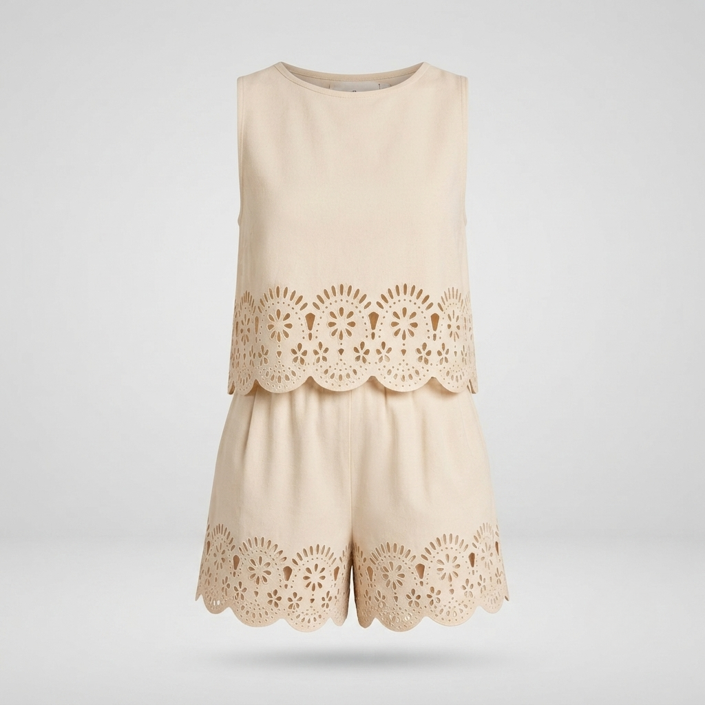Amelia Rafferty | Eyelet Scallop Crop Tank & Shorts Set For Women — Butter Yellow