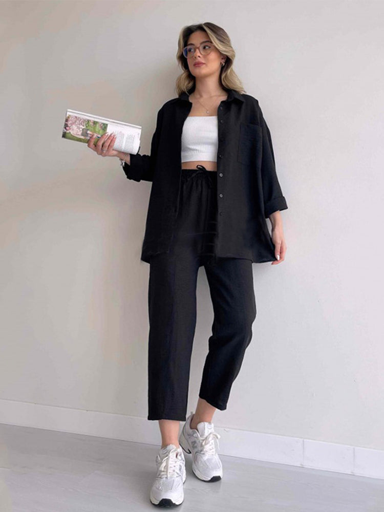 Ava Thornley | Beige Linen Look Shirt And Pants Set For Women