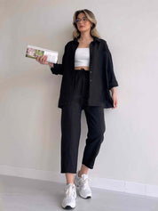 Ava Thornley | Beige Linen Look Shirt And Pants Set For Women