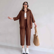 Ava Thornley | Beige Linen Look Shirt And Pants Set For Women