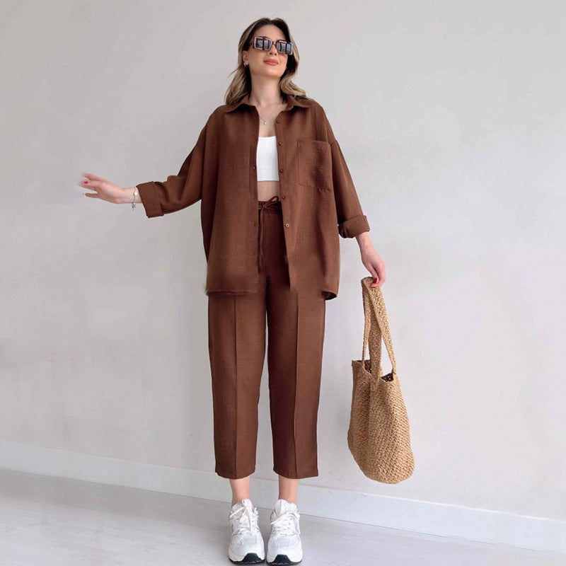 Ava Thornley | Beige Linen Look Shirt And Pants Set For Women