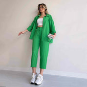 Ava Thornley | Beige Linen Look Shirt And Pants Set For Women