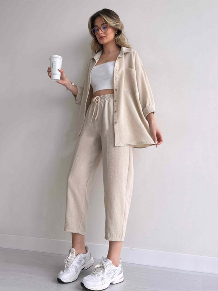 Ava Thornley | Beige Linen Look Shirt And Pants Set For Women